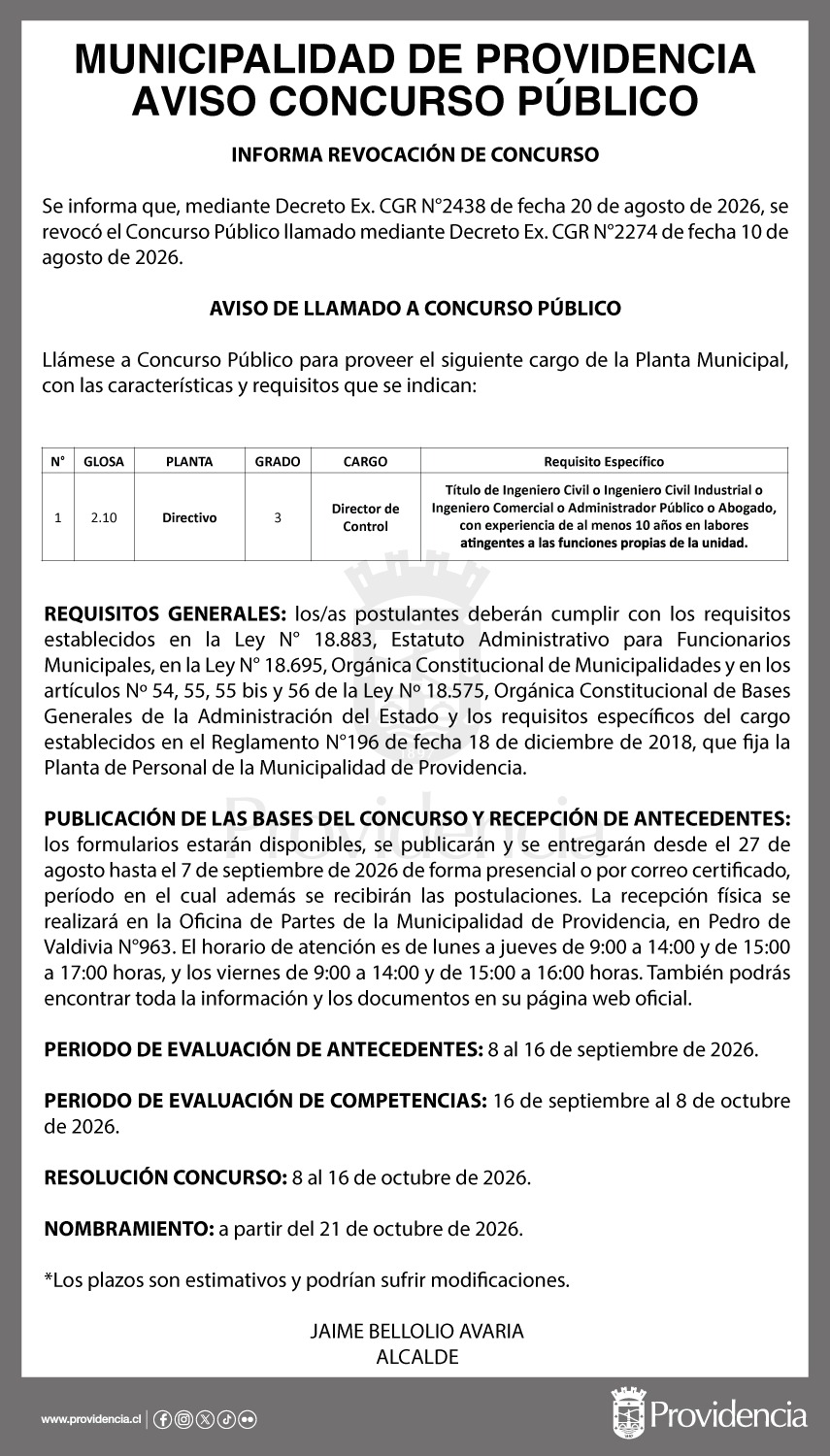 Concurso público para proveer cargo de la Planta Municipal